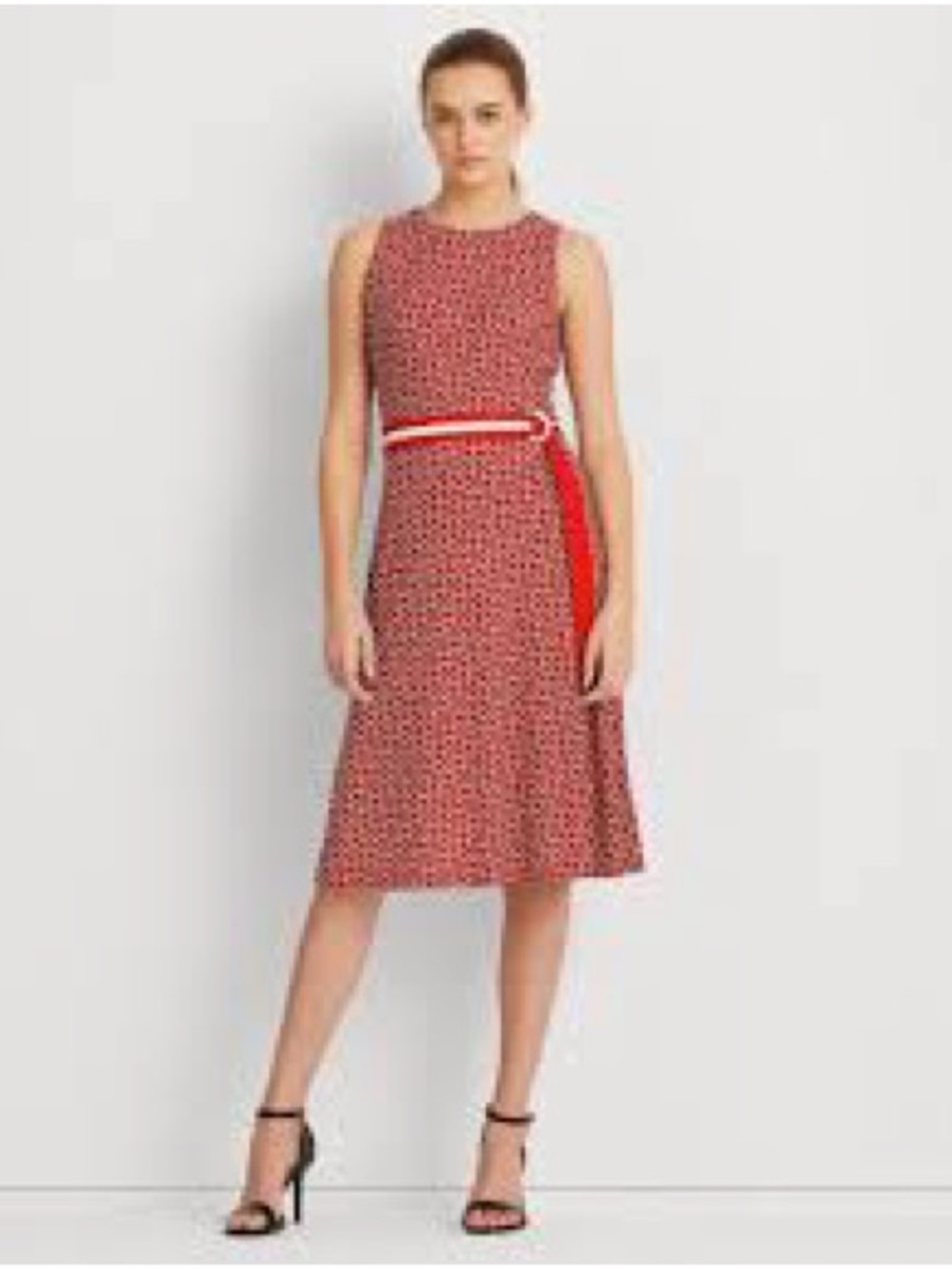 Sleeveless Red Geo-Print A-Line Dress with Contrast Side Panel